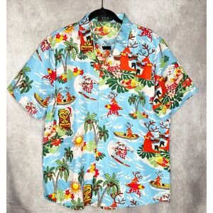 SSLR Mens Shirt Large Santa Reindeer Christmas Palm Tree Tiki Tropical Aloha